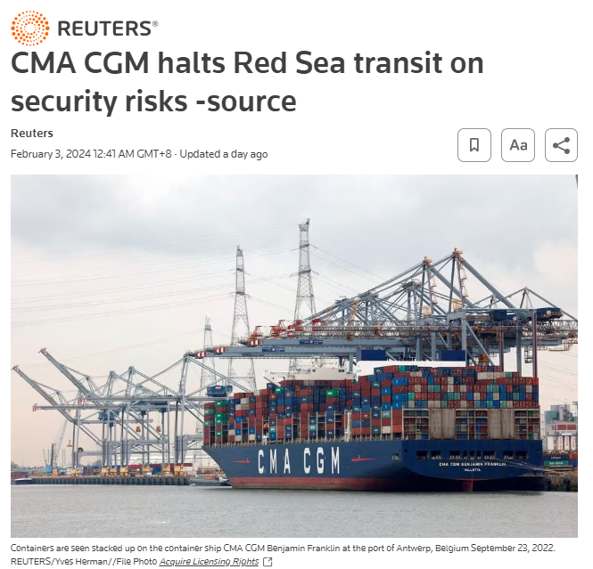 调度混乱丨亚欧贸易路线受阻,航运巨头达飞轮船(CMA CGM) 再次宣布暂停红海运输